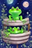 Placeholder: Cute frog sleeping in a bed, moon above him. Children's books. Watercolour