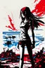 Placeholder: Dark outline line art anime style double exposure of a silhouette of a cyberpunk-inspired woman standing in front of a landscape shot of an active war zone with distant explosions, light black and red long hair, light blue eyes, short red and white tank top, hands on hips, (looking intently at viewer), (viewer from low ground level view with focus on eyes), (double exposure), (inspired by Cyberpunk mixed with Code Geass mixed with Fate: Grand Order), (giant red moon in background), (vibrant colo