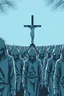 Placeholder: "A conceptual black-and- blue, digital illustration of a massive hooded aliens walking in the same direction, heads down, symbolizing conformity. Jesus on the cross in the background, The atmosphere feels lifeless and repetitive, emphasizing the ordinary mindset of the majority."