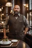 Placeholder: half figure shot photography of a 42 years old serious sicilian waiter in uniform, similar to Bud Spencer, shaved hair, muscular bearded strong chubby man with hands in the pockets, in an elegant empty restaurant, bulge, bullneck, manly chest, unshaved, short hair, photorealistic, dim light , side light, view from the ground