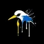 Placeholder: minimalistic logo of a white, blue and yellow small beak bird, dripping blood over black background