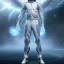 Placeholder: First image is of the main character's full body. He’s to look like a powerful angel with white robe, symbols on hands glowing, His background should be that of space above with stars and standing on a paradise of a planet. His belt can transform into a white dragon.