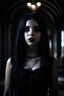Placeholder: portrait of a beautiful petite young goth girl, long messy braided white-black hair, dressed in a laced corset, standing in a dimly lit crypt, pale smooth skin, piercing, evil, unholy necklace, realistic, sexy, cinematic lighting, highly detailed face, very high resolution, looking at the camera, centered