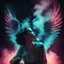 Placeholder: woman sitting forward Her face upward and blows cigarette smoke from their mouth upward. a figure with wings emerging from its back. behind the clouds of smoke look death. dark and mysterious neon light