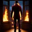 Placeholder: Hyper Realistic Photographic-Silhouette View of a handsome muscular Fire-Superhero wearing long-fancy-Maroon-tuxedo with-golden-flame-patterns on back of his tuxedo, fancy-red-sunglasses with fire-embers-around-him & standing on a vintage-crafted-balcony & open-fancy-burning-windows at dark night showing dramatic & cinematic ambiance.