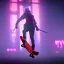 Placeholder: photo of a ninja riding a skateboard; in an alternate universe in tokyo; cyberpunk; realistic; rain; neon signs