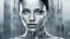 Placeholder: Double Exposure collage portrait of android-human transparent woman face, microchip pattern, cyberpunk, higtech city, skyline, silver sky background, cold, silver, grey, dark colors, futuristic mood, utopistic, high detailed