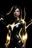 Placeholder: superhero that is a woman and has lightning powers and has a GYATT that is a brunette her super suit is a light gold in a black background