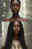 Placeholder: A portrait of a beautiful curvaceous black woman with long black hair, wearing a black dress with a deep v neck, wizard, magical, ethereal, intricate, sharp realistic lighting. Concept art by wlop. Ultra quality 8k.