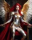 Placeholder: Gorgeous Photography Beautiful Woman dressing silver and golden knight armor with glowing red eyes, and a ghostly red flowing cape, crimson trim flows throughout the armor, golden and silver spikes erupt from the shoulder pads, silver and gold angel wings, crimson hair, spikes erupting from the shoulder pads and gauntlets sitting on luxury big chair in hellfire background