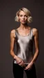 Placeholder: photography of a beautiful anorexic woman, silver satin top, sports illustrated, blond short wavy bob haircut, pronounced sternum, short leggins