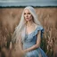 Placeholder: A pale, emaciated woman in an English blue dress and long white hair, she stands against the background of the field and looks to the right, portrait