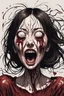 Placeholder: woman with rare eyes, face distorted with pain, screaming, tears streaming from eyes, siting pose, fullbody, Junji Ito style, darkred tones,