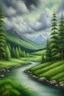 Placeholder: Nature's Serenity: Green Trees, Rivers, Mountains, and Clouds" oil painting --- 16:3