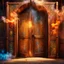 Placeholder: Half opened massive wooden door with lots of engraved magical symbols. Colorfull magical smoke coming out of the door opening. Harry Potter. Magical. Epic. Dramatic, highly detailed, digital painting, masterpiece