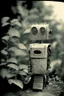Placeholder: rollerflex photograph 1950s, dusty, robot made from toilet paper and infected with ivy, 4k, f1.2 50mm, dark vignette