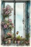 Placeholder: Shabby chic window with flowerpots and bouquets filled with beautiful flowers.full sunlight, stormy clouds, bird, watercolour and ink, stained glass Modifiers: elegant intricate beautiful fantastic view crisp quality colourful Jean-Baptiste Monge pastel colors full view