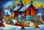 Placeholder: Cubism pablo picasso style, family outside of winter cabin, oil painting,cubism