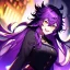 Placeholder: Clear focus, 8k, beautiful lighting, vibrant colors, girl, purple long hair, vibrant golden eyes, messy hair, hair in between the eyes, angry, laughing,