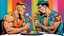 Placeholder: A comic-style illustration featuring two muscular, tattooed men sitting across from each other at a table. Their intense gazes are focused on a comic-style illustration massive ice cream glass filled with a colorful medley of fruit-flavored scoops. Holding spoons in their hands, both men exude anger and tension, vying for the opportunity to dig in. The background is a blurred cafe scene, with bright lights and a sense of cinematic drama. This humorous and high-detailed captures