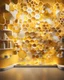 Placeholder: virtual studio, photo wallpaper with honeycombs, a beautiful yellow background, false windows and bright pseudo-lights and spots on the walls, display shelves for products, illuminated hexagons