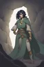 Placeholder: Dnd character in a dark cave. Leaning against a wall. A female Elf twilight cleric with super curly, super short, dark blue hair and golden eyes, wearing gray and dark green robes. A moon tattoo in her face. Etheral, muscular, strong.