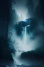Placeholder: Waterfall dropping from menacing cyclops eye in the high forest at night, white fog rising