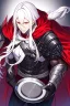 Placeholder: Vampire knight, muscular young man with long white hair, wearing black gothic full plate armor with red cape, cyan eyes