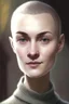 Placeholder: full color portrait drawing, portrait, 22-year old friendly female human cleric, shaved head, light eyebrows, grey eyes