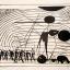 Placeholder: drawn in single line by Nicolai Blatter with hatch with parallel wavy lines metal engraving with african man dance procession in salvador dali style or picasso style