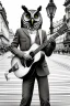 Placeholder: One single mature owl, playing guitar in the street , Vienna, friendly, sunny day, model style, hyper realistic, extremely accurate, delicate, extremely detailed, Graphic novel style, wide-angle, open aperture, superfine pencil