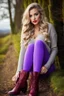 Placeholder: beautiful 18 year old girl with ash blonde hair and blue eyes with her curvy hair down, wearing a long-sleeved woollen top, and lilac long leggings, with long red boots full body shot