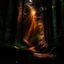 Placeholder: atmospheric deep orange light coming through a dark forest valley