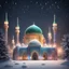 Placeholder: Hyper Realistic rainbow textured Mosque at heavy snowfall night with decorative lights