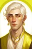 Placeholder: a wealthy half-elf young man with pointy ears and dark eyes, wears lots of jewelry, white hair, wearing white and gold