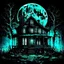 Placeholder: Decay art, Double exposure of creepy decayed house backlit with giant moon, Bayou swamp at midnight, surreal nightmare art, dark cyan - indigo color scheme, by Chris Von Allsberg, by Kay Nielson, haunted house, creepy, horror, double exposure, dripping dark atmosphere, wispy opalescent dark sky apparitions