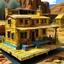 Placeholder: A small golden factory designed in Navajo woven art painted by Claude Monet