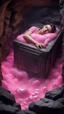 Placeholder: full body portrait of soap star sleeping in a sarcophagus filled with transparent pink liquid inside coal mine shaft,bokeh like f/0.8, tilt-shift lens 8k, high detail, smooth render, down-light, unreal engine, prize winning