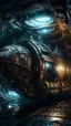 Placeholder: A strange Time Machine spaceship in side Si-Fi, The cave of Batman atmospheric lighting effects, intricate industrial details, moody atmosphere, eerie grimdark ambiance, complex motherboard accents, speculative fiction art. Bokeh