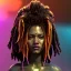 Placeholder: Pretty cyber woman, rasta hair, sci-fi, rounded face, black, gold, brown, samurai style, retro, simetric, neon style, a lot of led lights, fog, rain, leather coat, vibrant color, highly detailed, art stations, concept art, smooth, unreal engine 5, god rays, ray tracing, RTX, lumen lighting, ultra detail, volumetric lighting, 3d, finely drawn, high definition, high resolution.