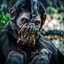 Placeholder: Cyborg, Ape, breathing device, gas mask, respirator Christopher Nolan, Dystopian, Extreme depth of field, bokeh blur, Alberta, all-natural, in the style of candid, imperfection, natural lighting, Fuji Film, Anamorphic lens