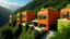 Placeholder: Viviendas modulares en forma de cubos de colores secundarios verde esmeralda y naranja vibrante se agrupan en una composición modular sobre una ladera escarpada. Las superficies son de estuco fino con un acabado mate, y cada módulo cuenta con una terraza llena de plantas trepadoras que caen hacia un río caudaloso en la base.