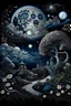 Placeholder: magic white silver landscape,night clouds,fairy-tale daisy house,stone path,layered trees with curlicues,fluffy flowers white voluminous daisies,radiance glow from inside op-art,black night,silver luminous full moon,curly clouds,silver stars,mysticism,fractals,grotesque,silver black,dark blue suspension,filigree drawing with ink and markers,airbrush,art nouveau,dark fantasy,dark botanical,color correction,volume,gloss,hyperrealism