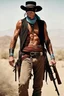 Placeholder: Full Color - Extremely muscular John Reid aka the LONE RANGER, extremely over exaggerated muscles, short, dark, crew-cut hair, large, curved down nose, large square chin, dark, intense eyes, light blue, skintight, formfitting cotton jumpsuit, red kerchief bandana, black venetian mask, double holstered utility belt, two Colt 45 caliber pistols, knee-high cowboy boo