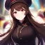 Placeholder: Clear Focus, High resolution, glowing red eyes, wearing a train conductor uniform, long dark brown hair, front hair is straight but the rest is fluffy, wearing a train conductor hat, evil smile, extreme close up