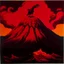 Placeholder: A giant dark red volcano with a Phoenix on top painted by Andy Warhol