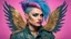 Placeholder: beautiful Punk woman Angel 30 years old, military clothing, mystical, bright colors, creative hairstyle, tattoo, piercing, photorealistic image, military, camouflage clothing, gold, blue background, sparkles, pink, fine rendering, high detail, 8K