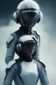 Placeholder: Black intergalactic pilot AnnaSophia Robb, portrait, bright white eyes, wearing high tech pilot helmet, white smoke, dark, rage, sorrow, high definition, ultra 8 k, volumetric lighting, blue fire, fog