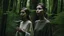 Placeholder: Cinematic Medium shot, young women standing in the forest holding plants, in the style of infused nature, video collages, made of veins, detailed face, dark green and white --style raw