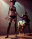 Placeholder: Ultra realistic, steampunk western party scene. Cabaret woman with dogman, waist up view, dancing, happy, color smoke, highly detailed, concept art, unreal engine 5, god rays, ray tracing, RTX, lumen lighting, ultra detail, volumetric lighting, 3d, finely drawn, high definition, high resolution.